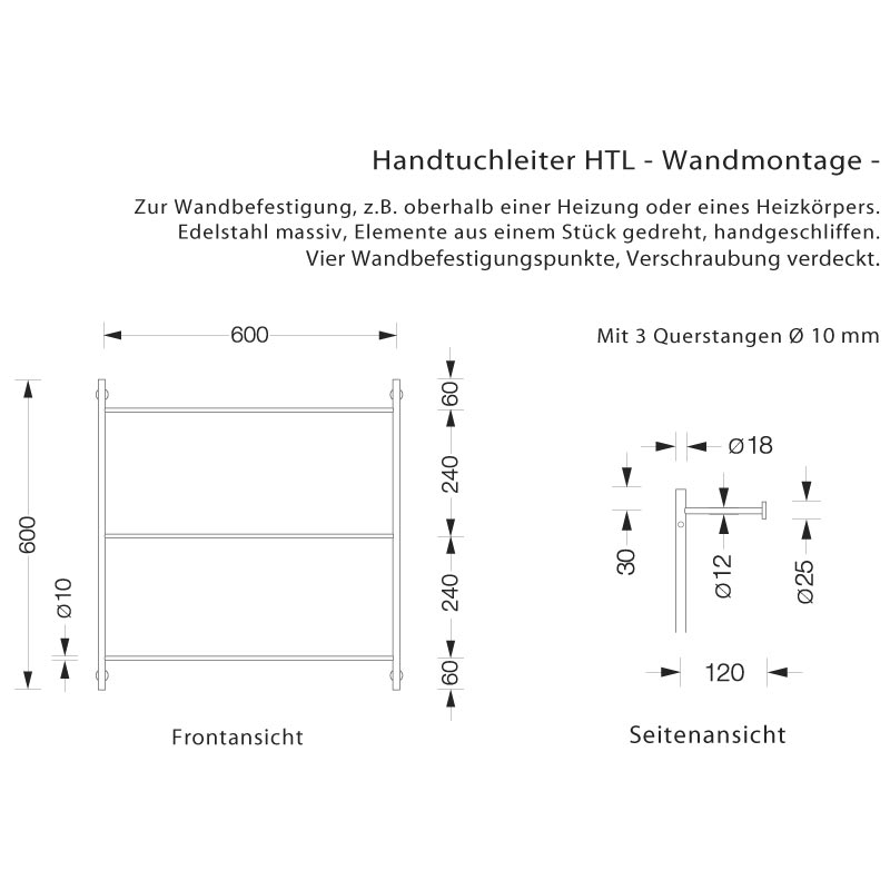 PHOS Handtuchleiter HTL W - Wandmontage - Edelstahl