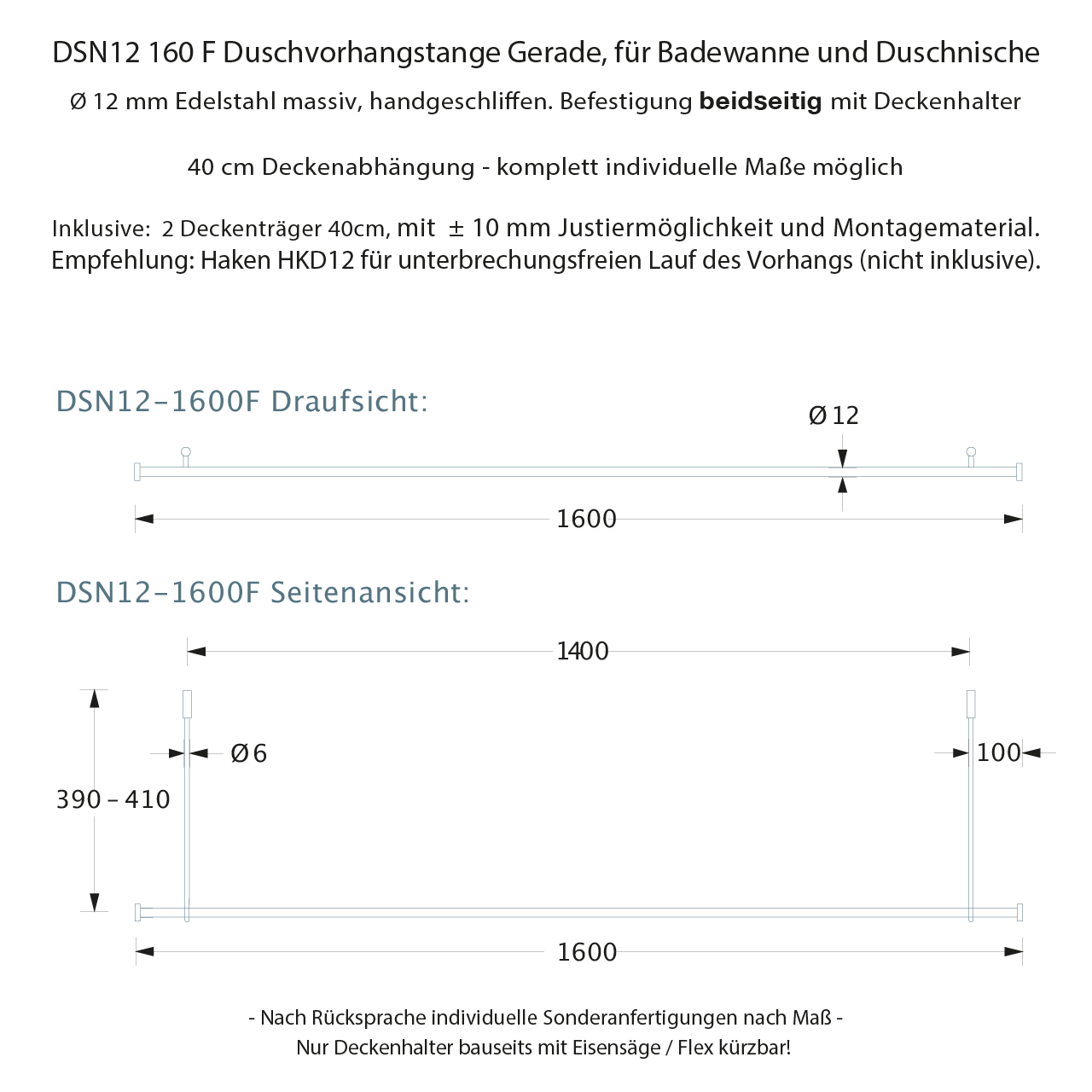 Duschvorhangstange Gerade - Nur Deckenhalter - Edelstahl