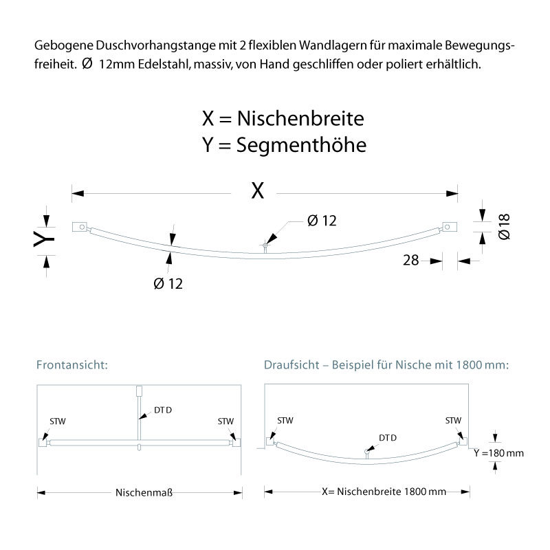 Duschvorhangstange für Eckbadewannen - gebogen - 12mm Edelstahl Duschvorhangstange für Eckbadewannen - gebogen - 12mm Edelstahl