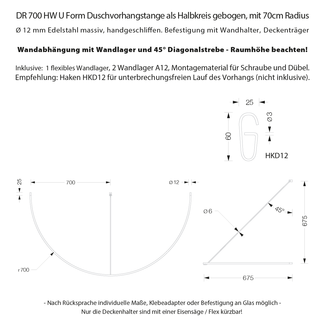 Duschstange Halbkreis DR70HW Wand Halterung - 12mm Edelstahl Duschstange Halbkreis DR70HW Wand Halterung - 12mm Edelstahl