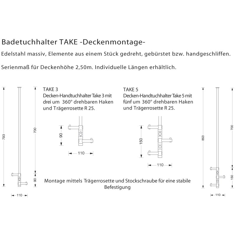 PHOS Handtuchhalter TAKE - Deckenmontage - Edelstahl