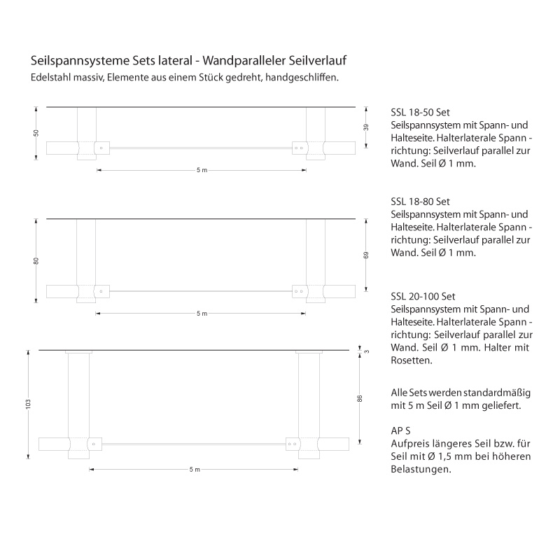 Duschvorhang Drahtseil Halterung Wandparallel - Edelstahl