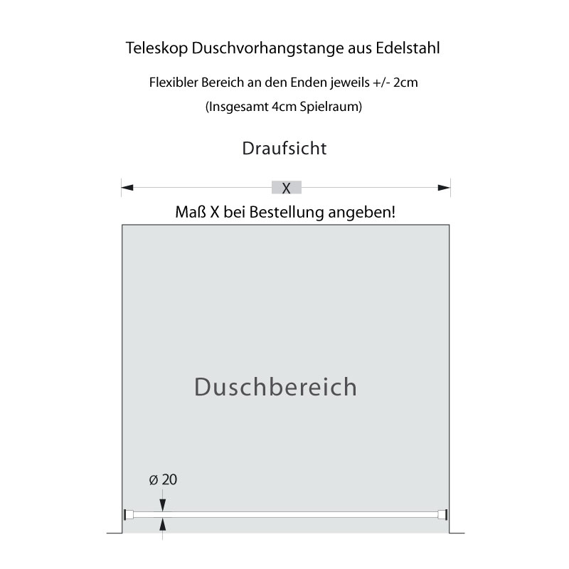 Ausziehbare Teleskop Duschvorhangstange zum klemmen - 12mm Edelstahl Ausziehbare Teleskop Duschvorhangstange zum klemmen - 12mm Edelstahl