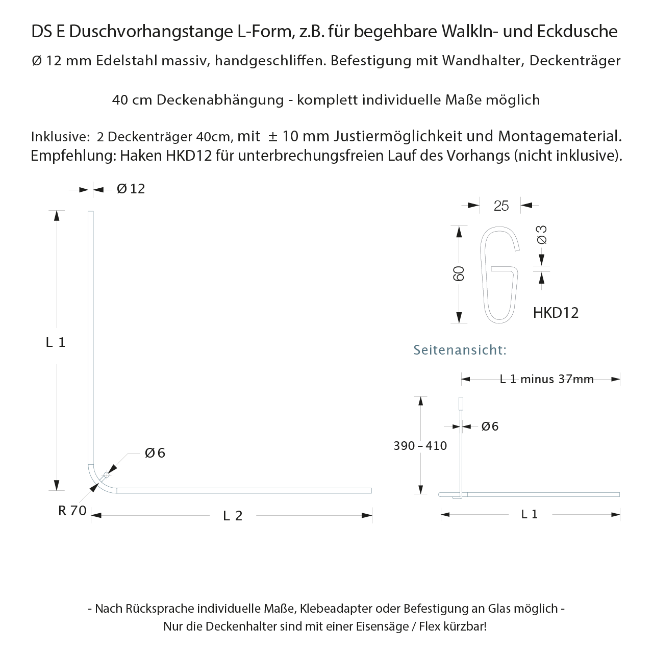 Sondermaß Duschvorhangstange L Form - verschiedene Maße - 12mm Edelstahl