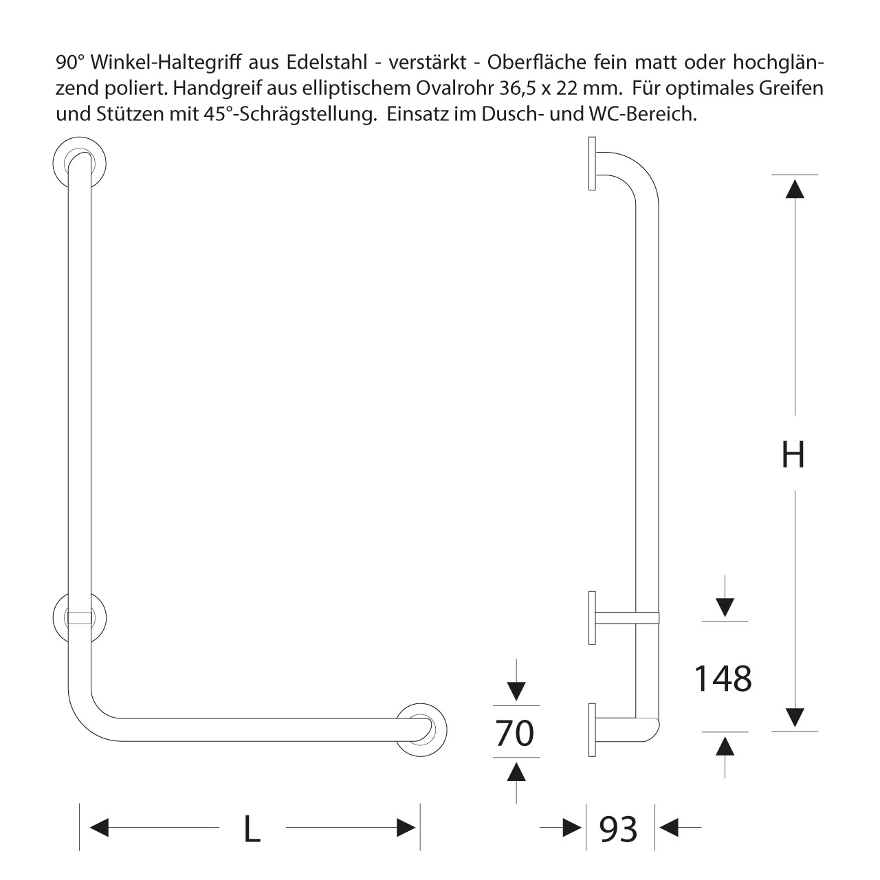 Universal Haltegriff für Bad Dusche WC - 90° Winkel - ErgoSystem E300 Universal Haltegriff für Bad Dusche WC - 90° Winkel - ErgoSystem E300