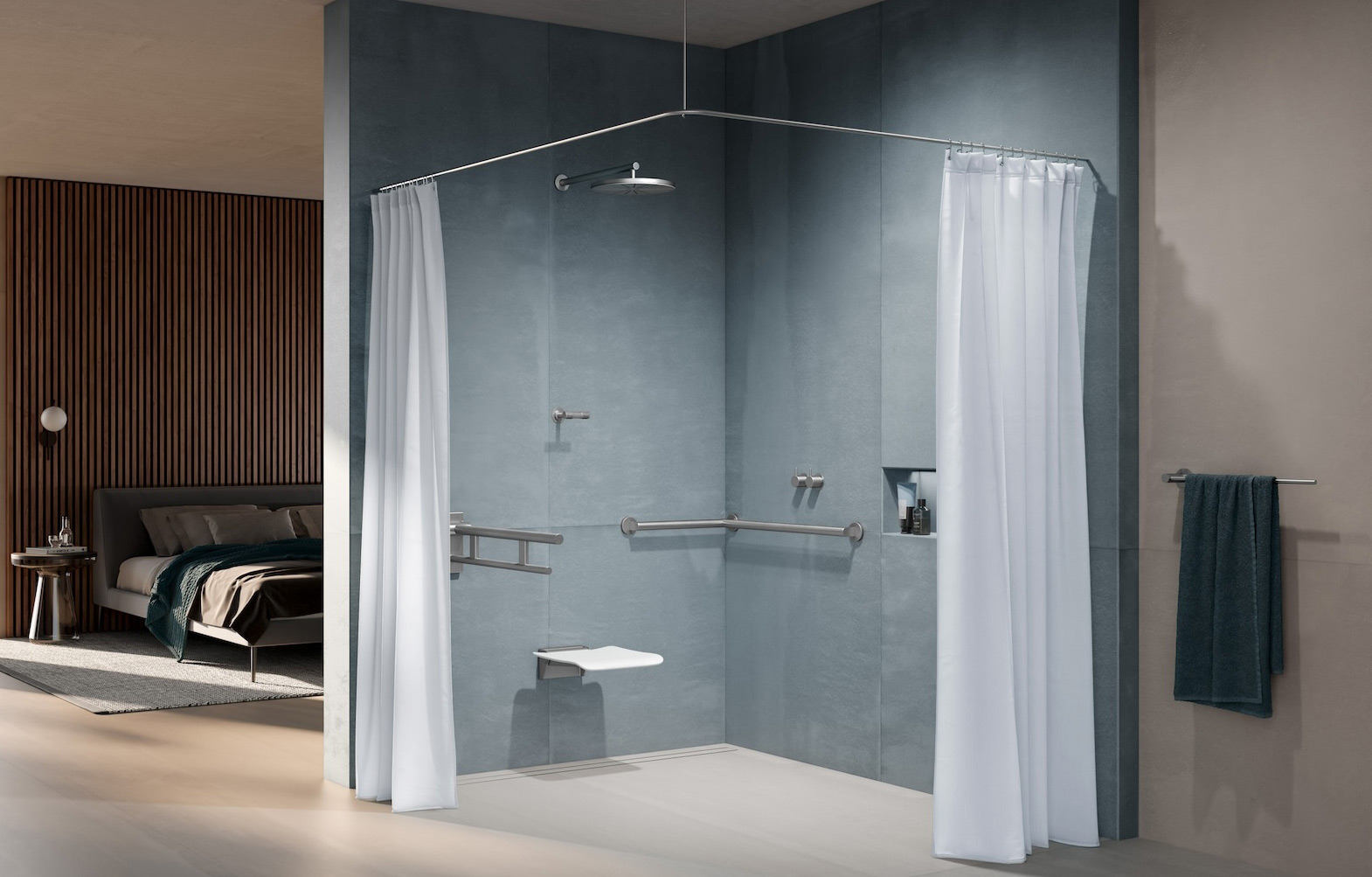 Duschvorhang-Duschvorhangstange-Bodeneben-Begehbar-Badezimmer-Eckdusche Duschvorhang-Duschvorhangstange-Bodeneben-Begehbar-Badezimmer-Eckdusche