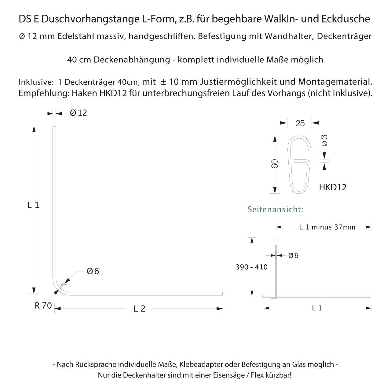 Sondermaß Duschvorhangstange L Form - verschiedene Maße - 12mm Edelstahl Sondermaß Duschvorhangstange L Form - verschiedene Maße - 12mm Edelstahl