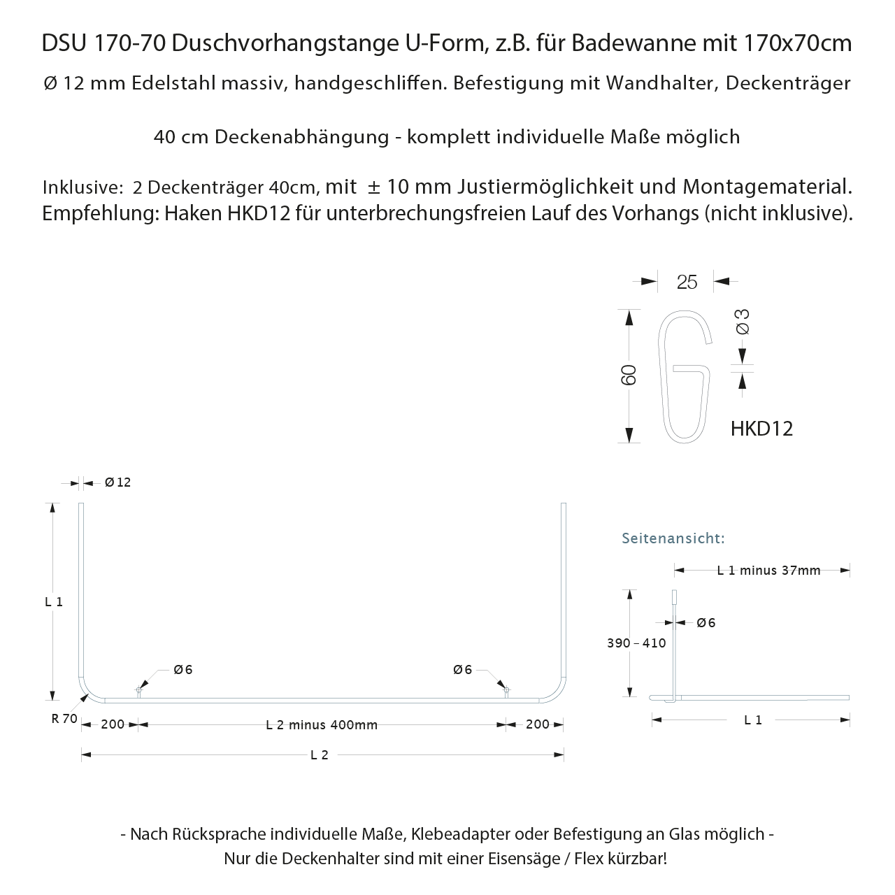 Duschvorhangstange Badewanne U Form - Deckenhalterung - 12mm Edelstahl Duschvorhangstange Badewanne U Form - Deckenhalterung - 12mm Edelstahl
