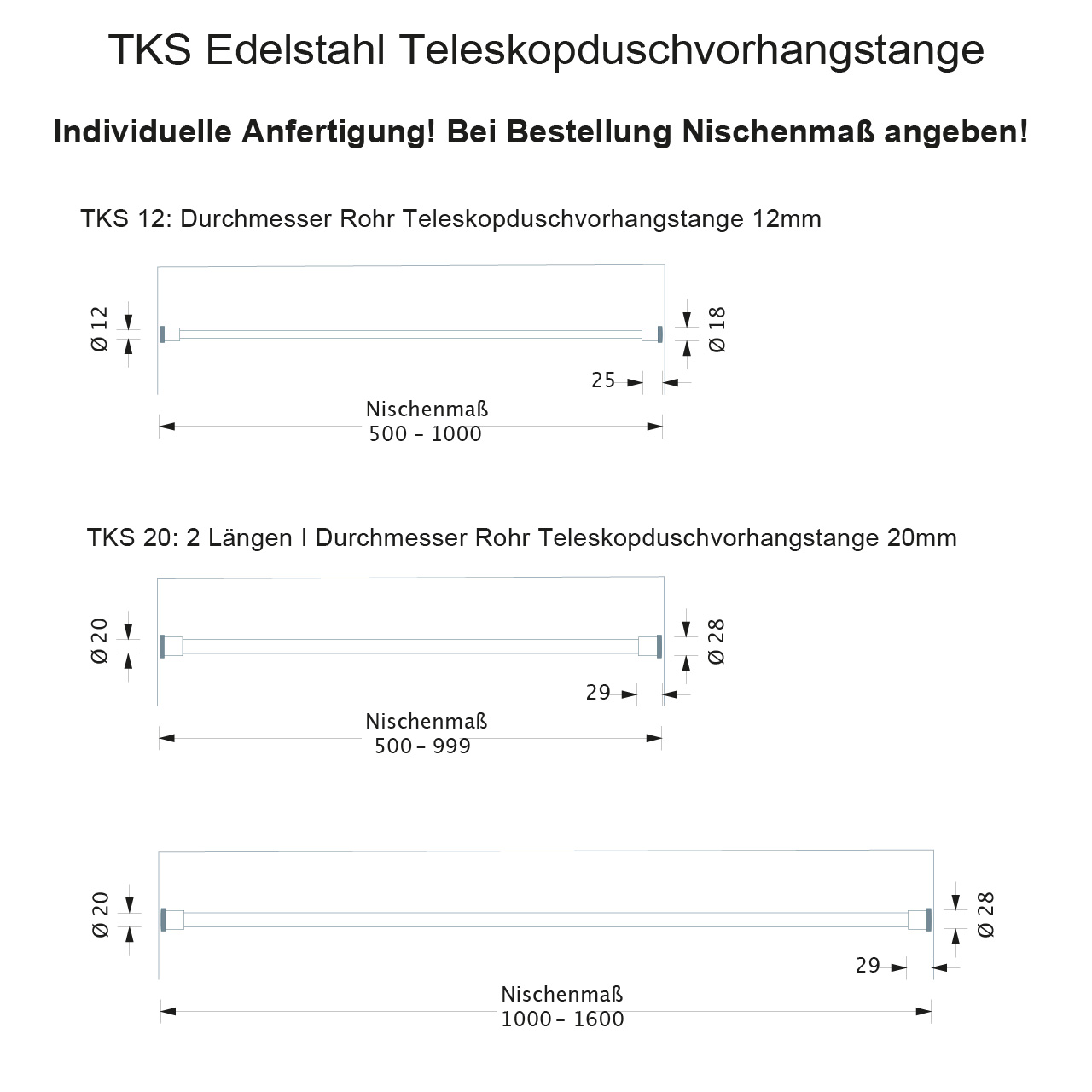 Ausziehbare Teleskop Duschvorhangstange zum klemmen - 20mm Edelstahl