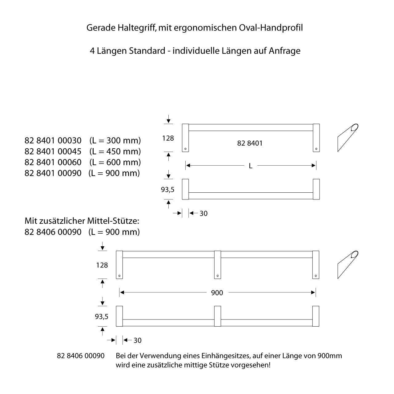 ErgoSystem Haltegriff Dusche Bad WC 90cm - verstärkt für Duschklappsitz - A100