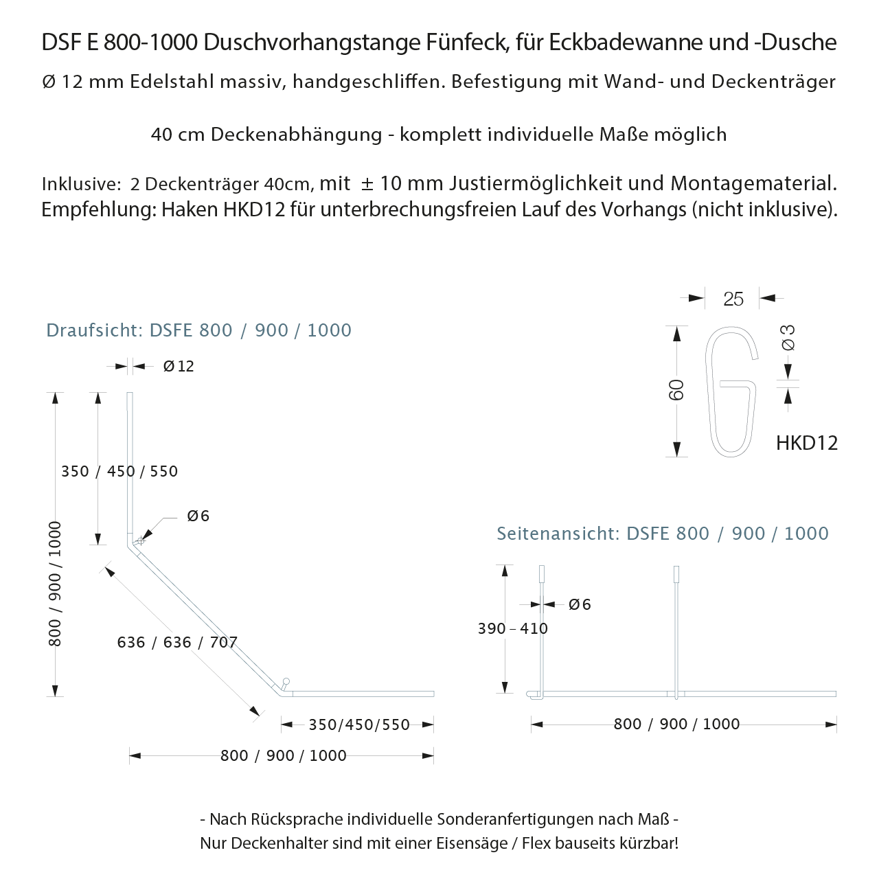 Duschvorhangstange für Eckdusche und Eckbadewanne - 12mm Edelstahl