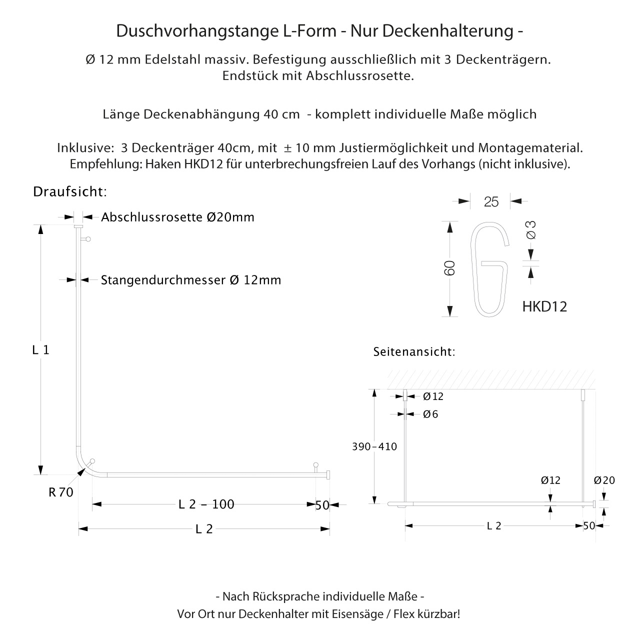 Duschvorhangstange L Form - Nur Deckenhalterung - verschiedene Maße - Edelstahl Duschvorhangstange L Form - Nur Deckenhalterung - verschiedene Maße - Edelstahl