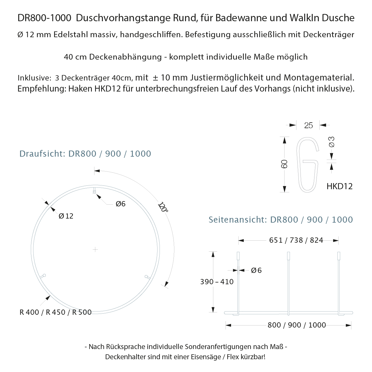 Duschvorhangstange Rund DR 80 Deckenhalterung - Edelstahl