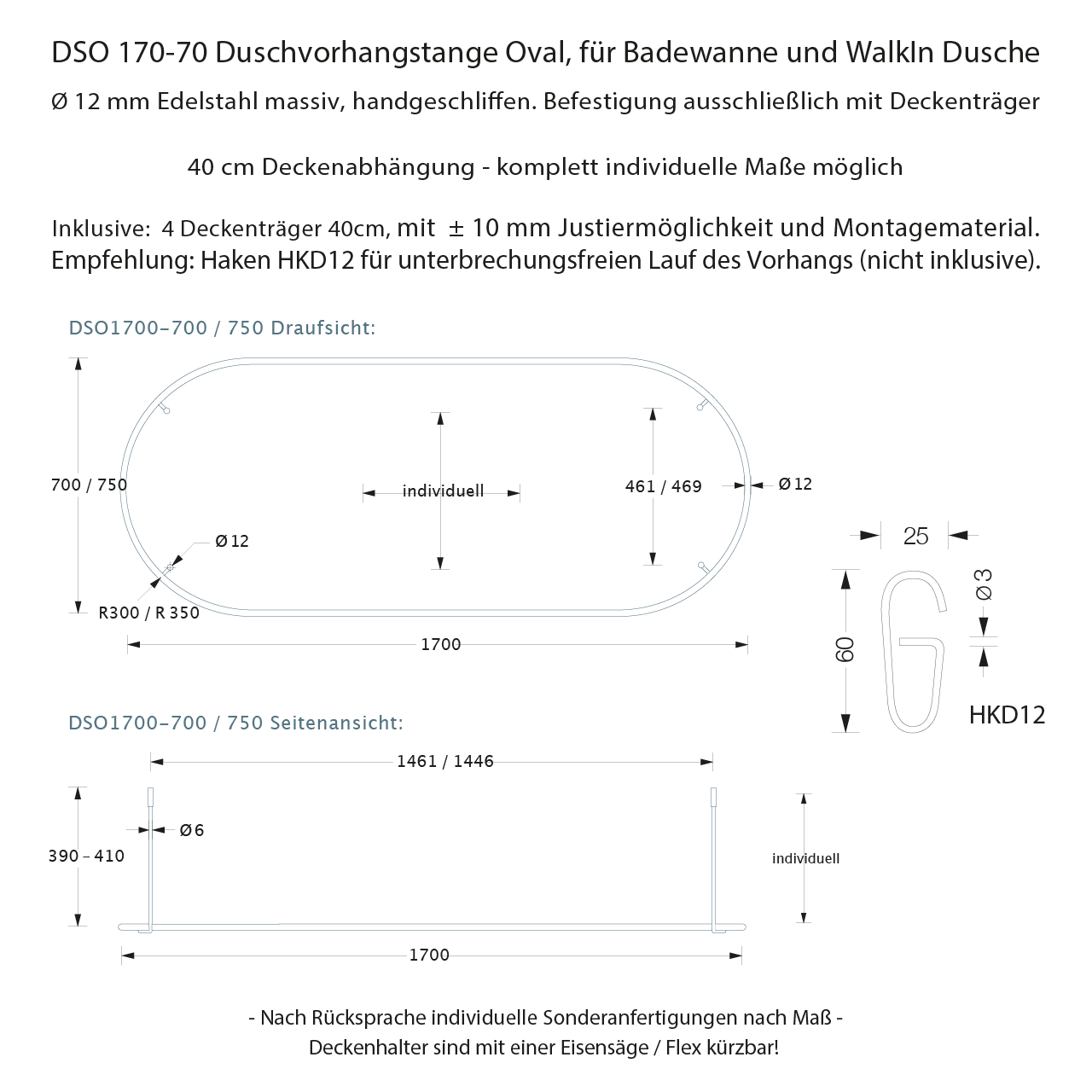 Duschvorhangstange Badewanne - Oval - 12mm Edelstahl