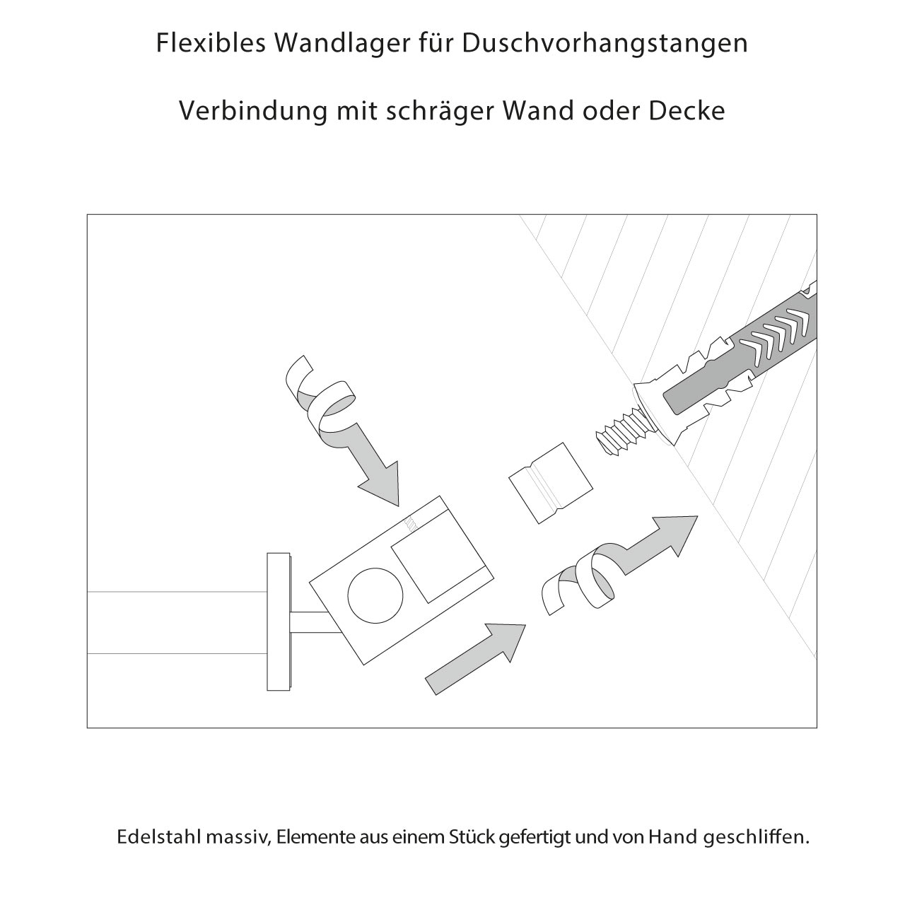Flexibles Wandlager für Duschvorhangstange oder Deckenhalter Verbindung einer Duschvorhangstange oder Deckenhalterung mit schräger Wand, Gaube oder Decke.