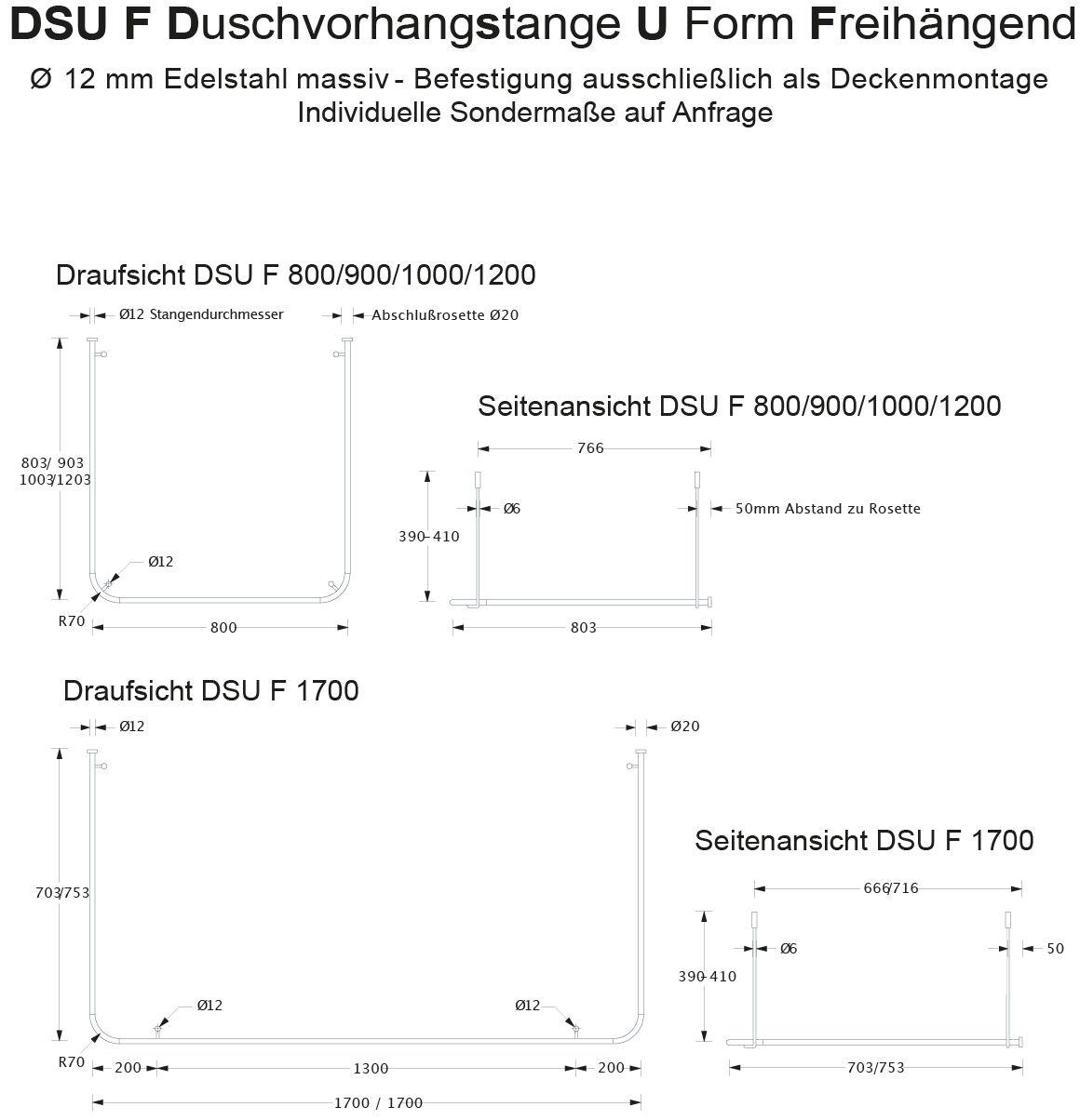 Duschvorhangstange U Form - Nur Deckenmontage - Edelstahl Duschvorhangstange U Form - Nur Deckenmontage - Edelstahl