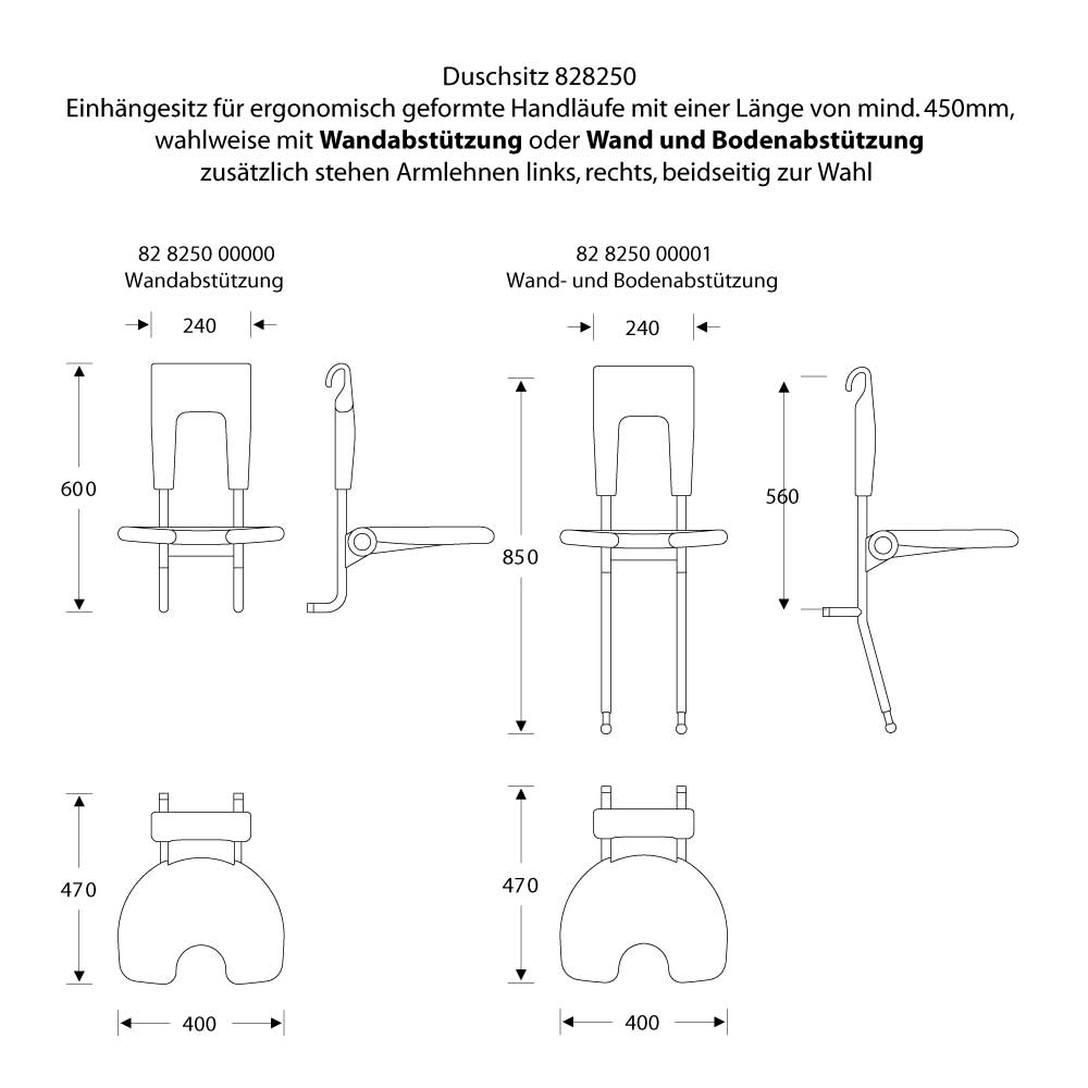 ErgoSystem Duschklappsitz - Duschstuhl - mit Rückenlehne und Armlehne - ErgoSystem