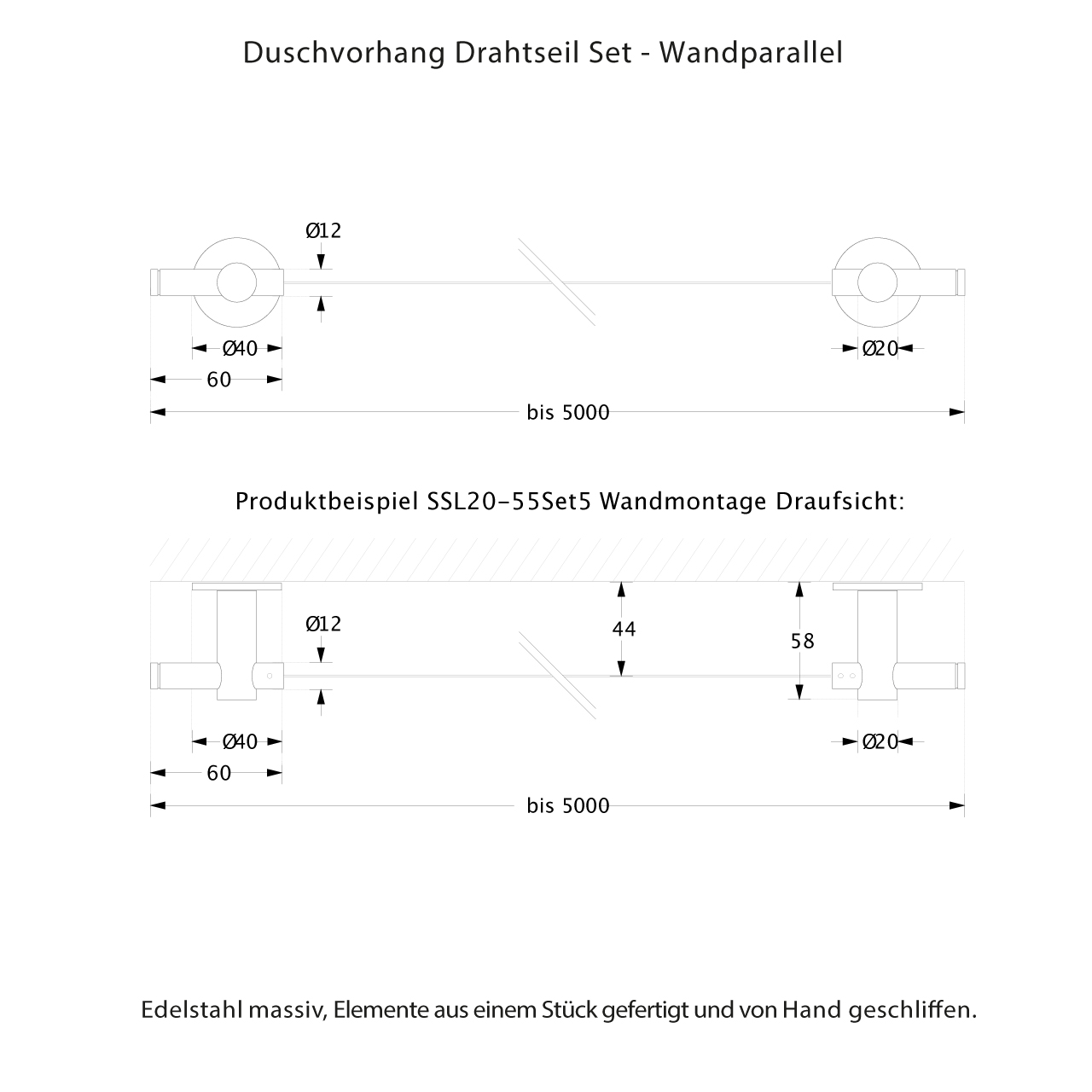 Duschvorhang Drahtseil Wand zu Wand