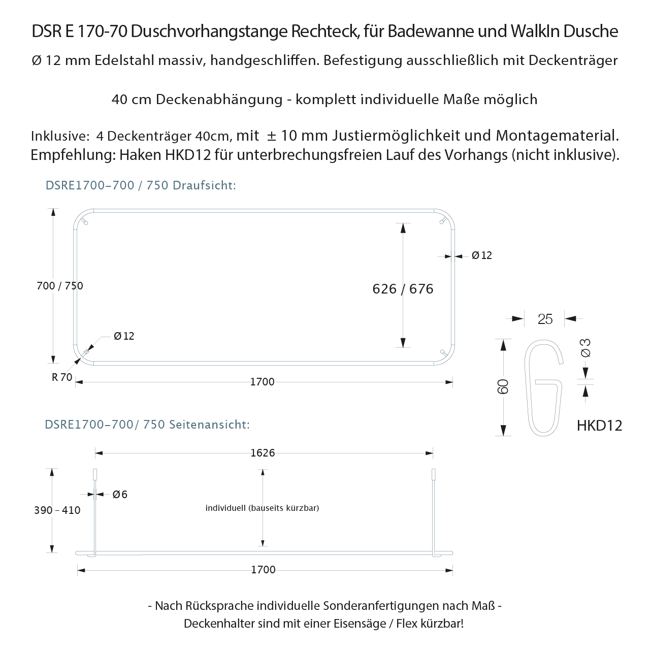 Duschvorhangstange Badewanne Rechteck - Deckenmontage