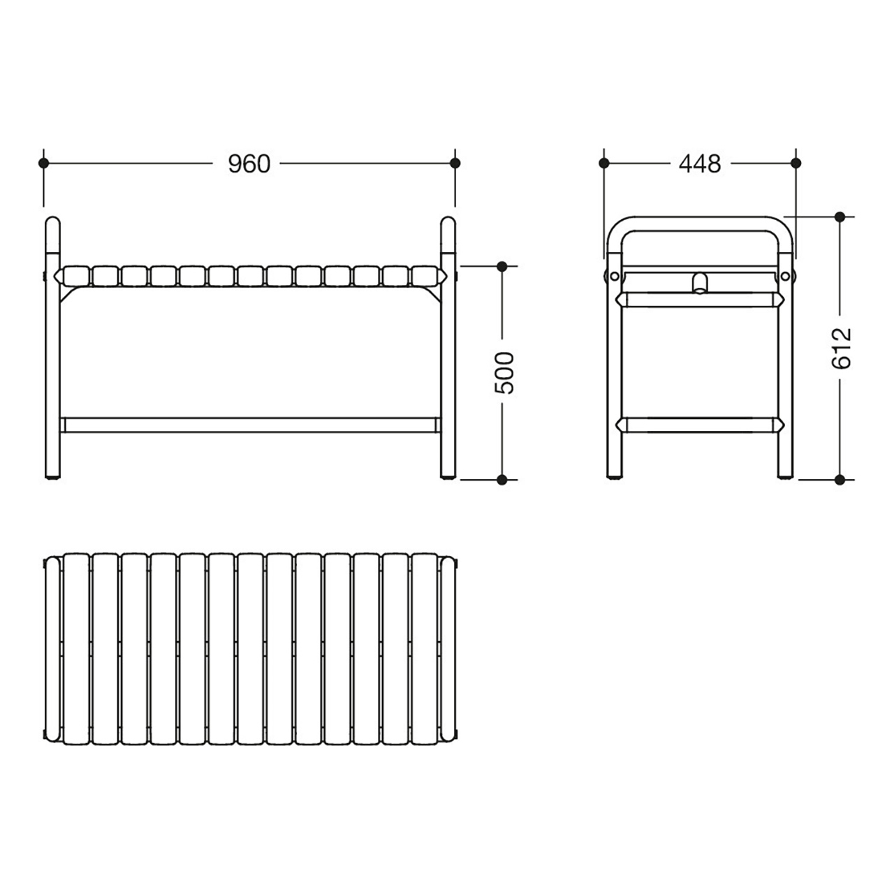 Skizze HEWI Duschbank 801 für extra schwere Menschen in Dusche und Badezimmer Technische Skizze einer stabilen, mobilen Duschbank von HEWI (Serie 801) mit seitlichen Haltegriffen, korrosionsgeschütztem Stahlkern und belastbar bis 350 kg.