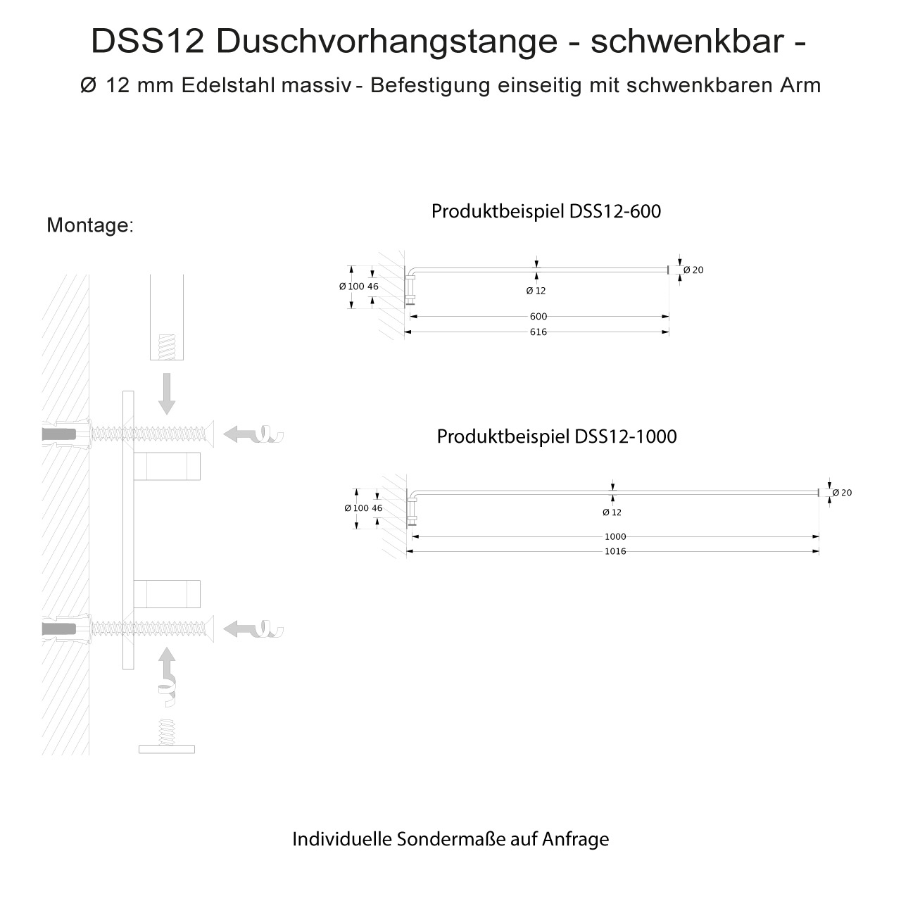 Installation Skizze für Montage von Duschvorhangstange einseitig Wandhalter schwenkbar Installations Anleitung Duschvorhangstange Schwenkbar