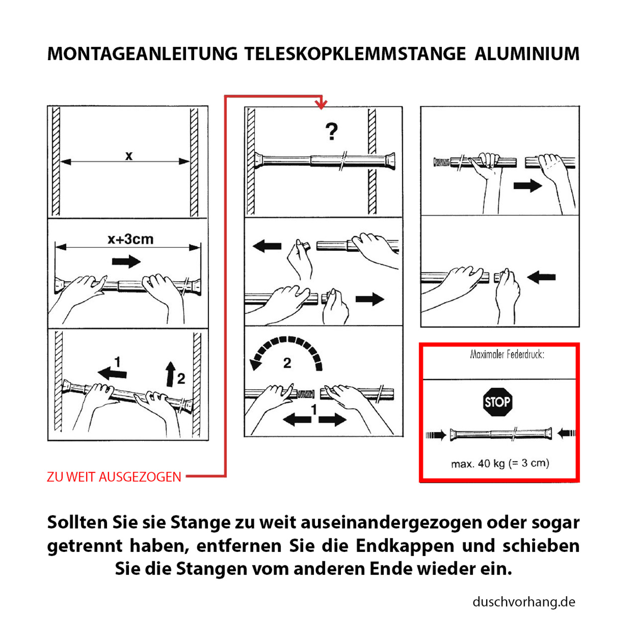 Ausziehbare Teleskop Duschvorhangstange zum klemmen - Alu weiss