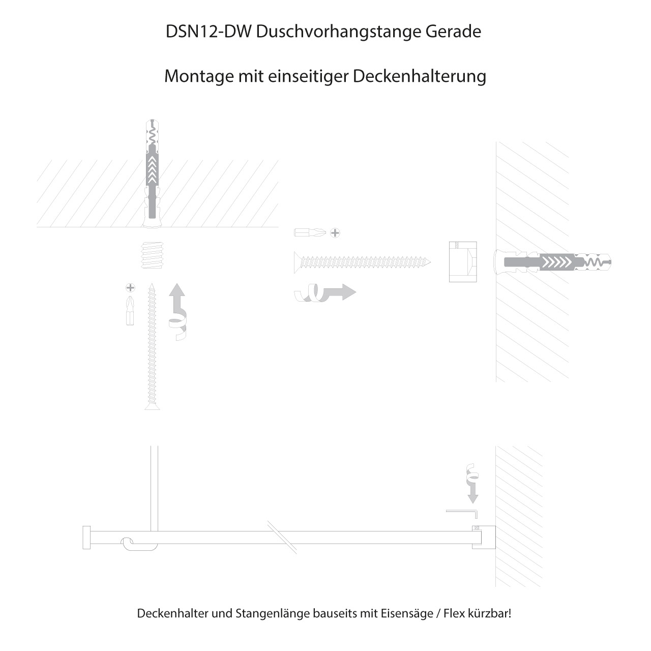 Montageanleitung Duschvorhangstange einseitig Wandmontage  Installationsanleitung Duschvorhangstange einseitig an Wand Befestigung