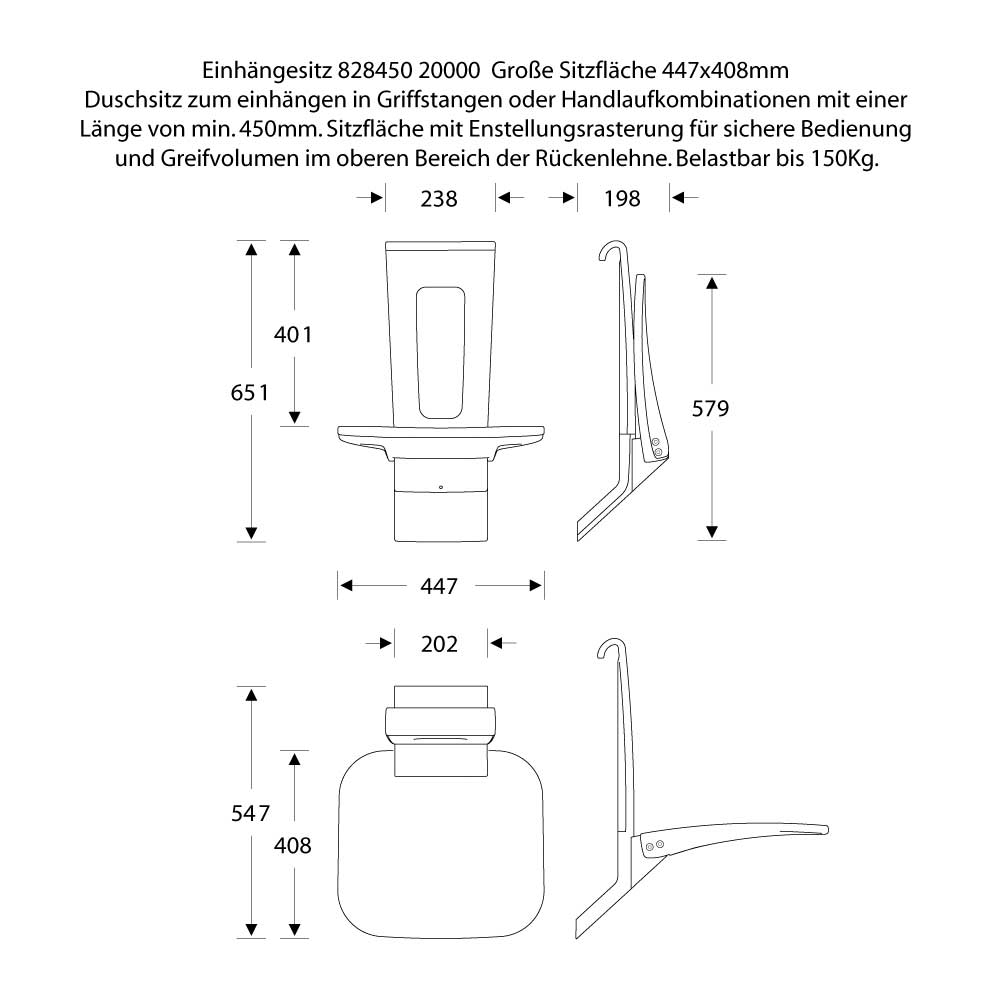 ErgoSystem Duschklappsitz - Duschstuhl - Einhängesitz mit Lehne - FSB A100