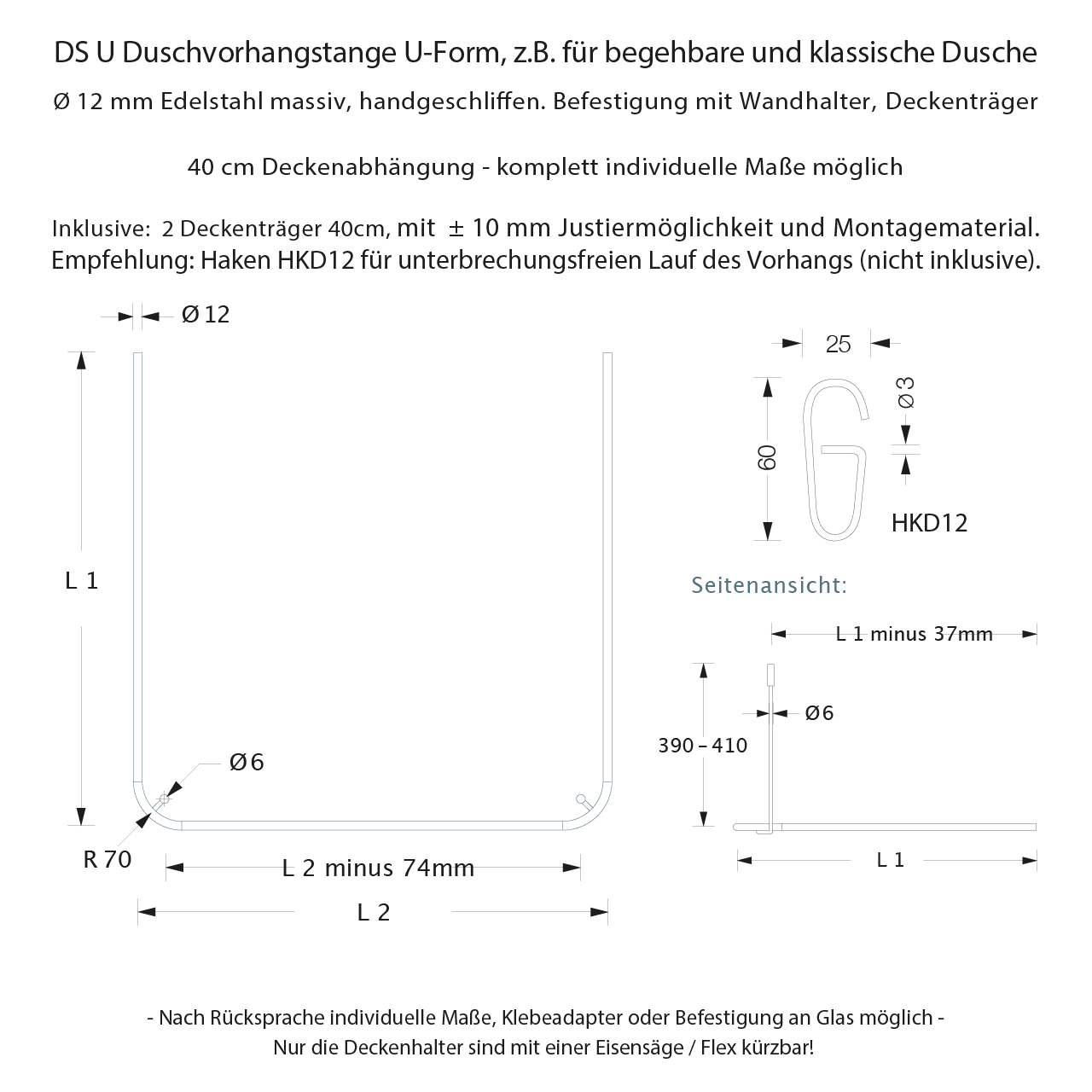 Sondermaß Duschvorhangstangen U Form - verschiedene Maße - 12mm Edelstahl