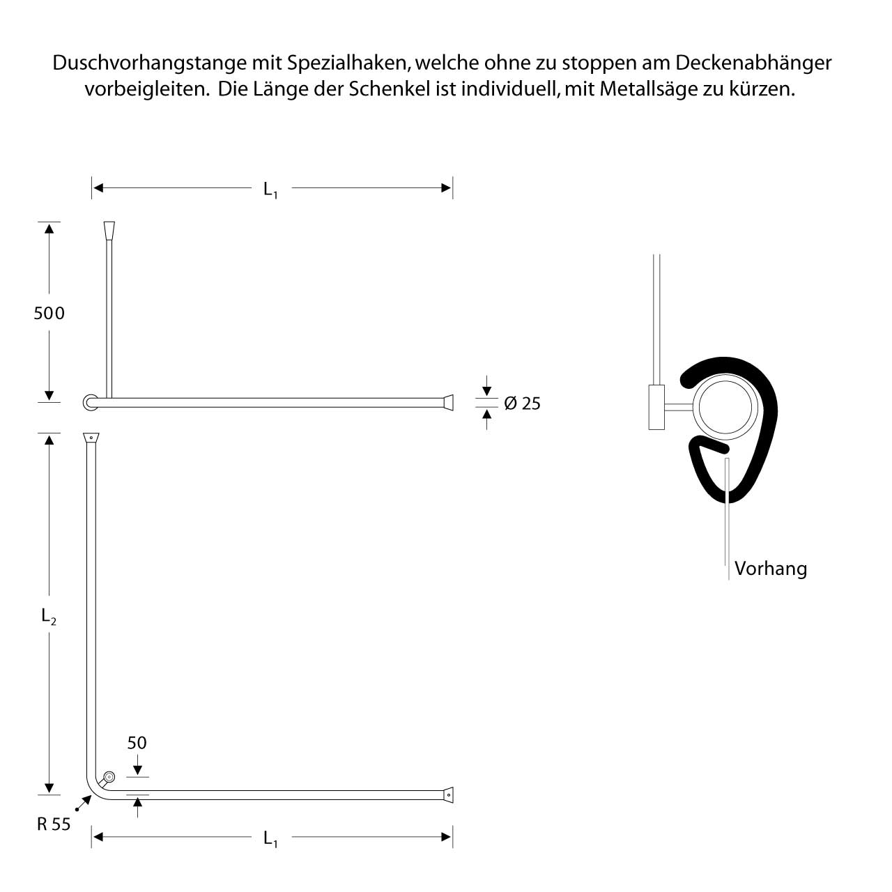 Duschvorhangstange Schwarz - L Form - Deckenhalterung - FSB A100