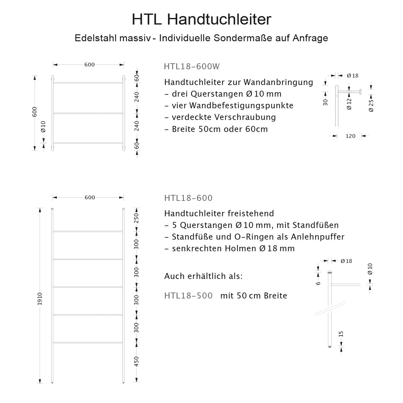 PHOS Stand Handtuchleiter HTL - Stehend - Edelstahl