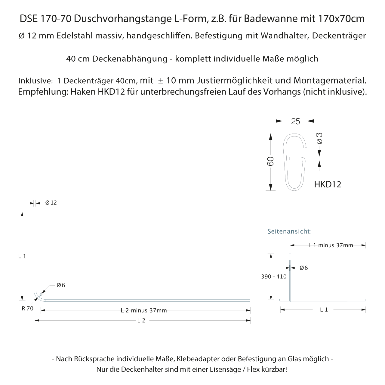 Duschvorhangstangen Badewanne L Form - verschiedene Maße - 12mm Edelstahl Duschvorhangstangen Badewanne L Form - verschiedene Maße - 12mm Edelstahl